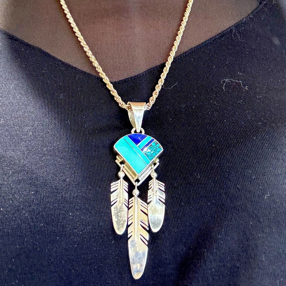 Ray Tracey Knifewing Turquoise Artisan Pendant + 24 inch Sterling Rope Chain